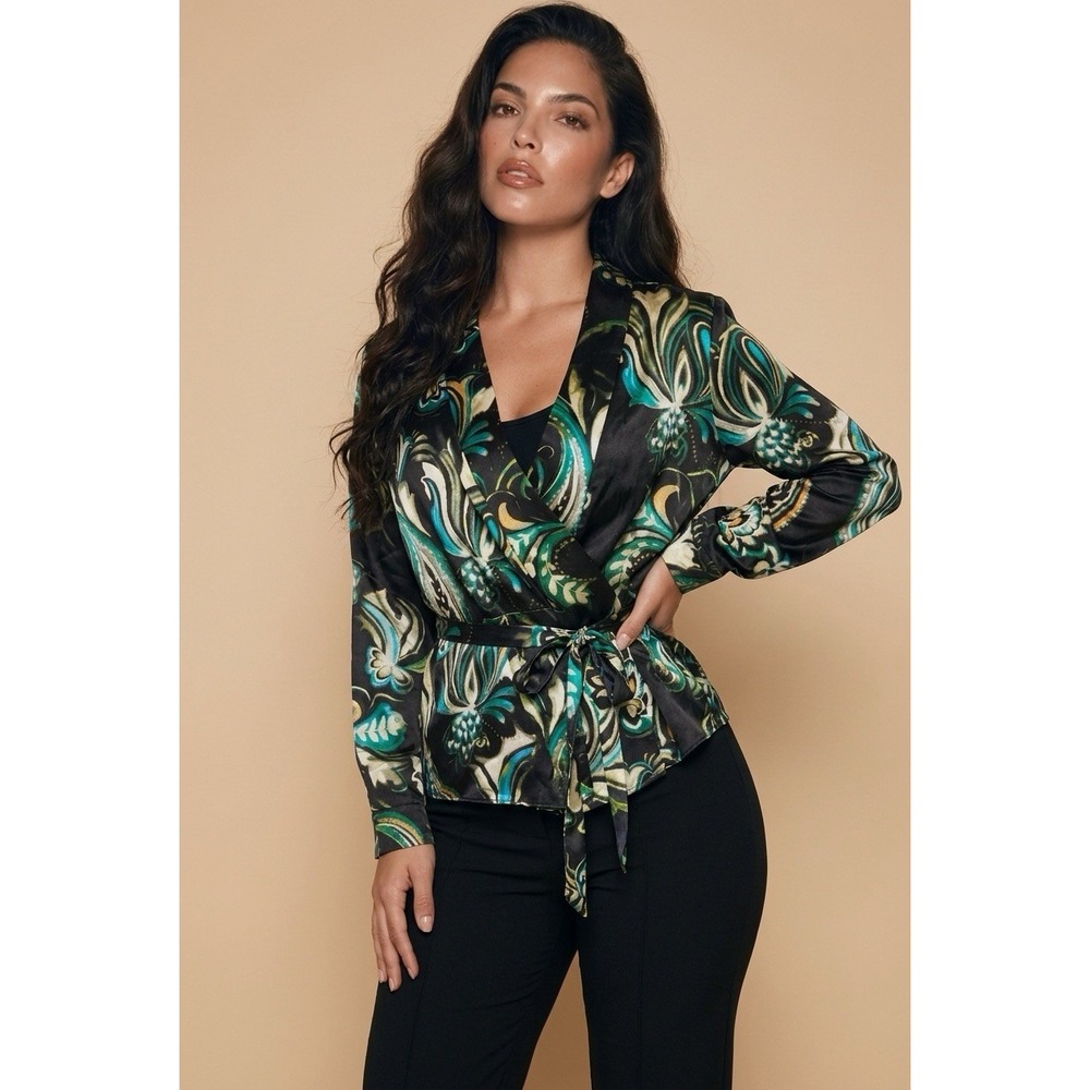 Etro Milano Wool Silk Belted Wrap Blouse  EU 46 US L/XL  Multi Color Classy